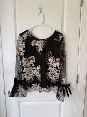 Wayf Black Mesh Blouse with Cream & Gold Floral Embroidery